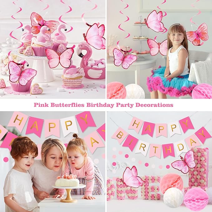 meowtastic Birthday Decorations, Happy Birthday Banner with Honeycomb Balls, Butterfly Hanging Swirl Streamers, Circle Dots Garland, Happy Birthday Party Decorations for Women Girls (Pink & White)