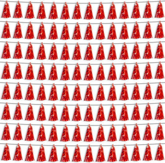 8P Red Foil Fringe Metallic Tassel Streamers Banner Tassel Garland for Parade Floats, Bachelorette, Wedding, Birthday, Halloween, Christmas, Bridal/Baby Shower Party Decorations