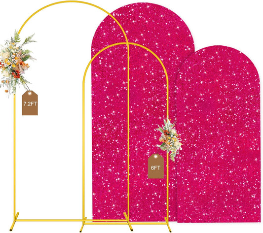 MODFUNS Arch Backdrop Stand and Cover Set 6&7.2ft Hot Pink Sequins Arch Backdrop Cover Metal Arch Frame with Covers Double Sided Arch Stand Covers for Wedding Party Baby Shower Decoration