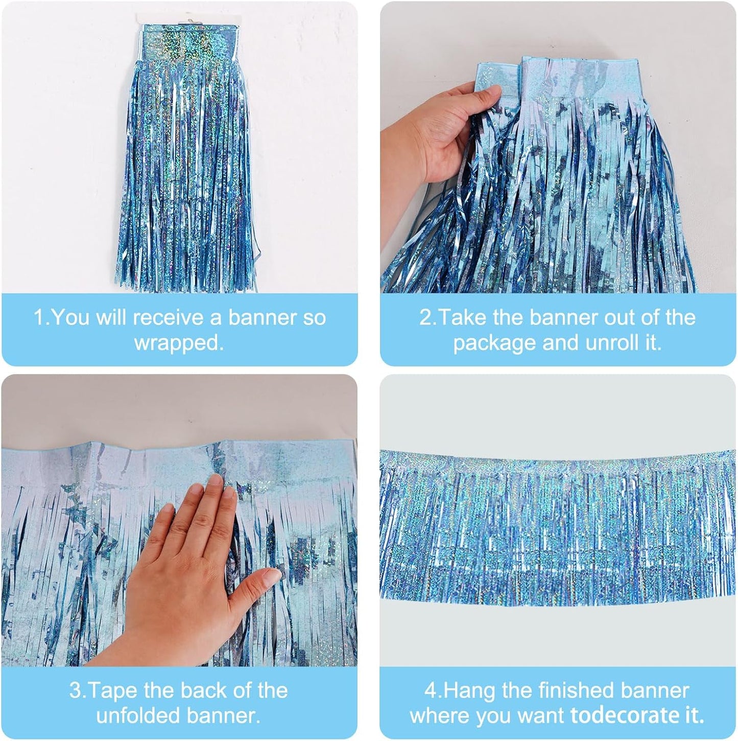 BEISHIDA 3 Packs Metallic Foil Fringe Garland Laser Light Blue Wall Hanging Tinsel Fringe Banners for Car Floats Bridal Shower Wedding Birthday Easter Graduation Holiday Party Decoration(30 Feet)