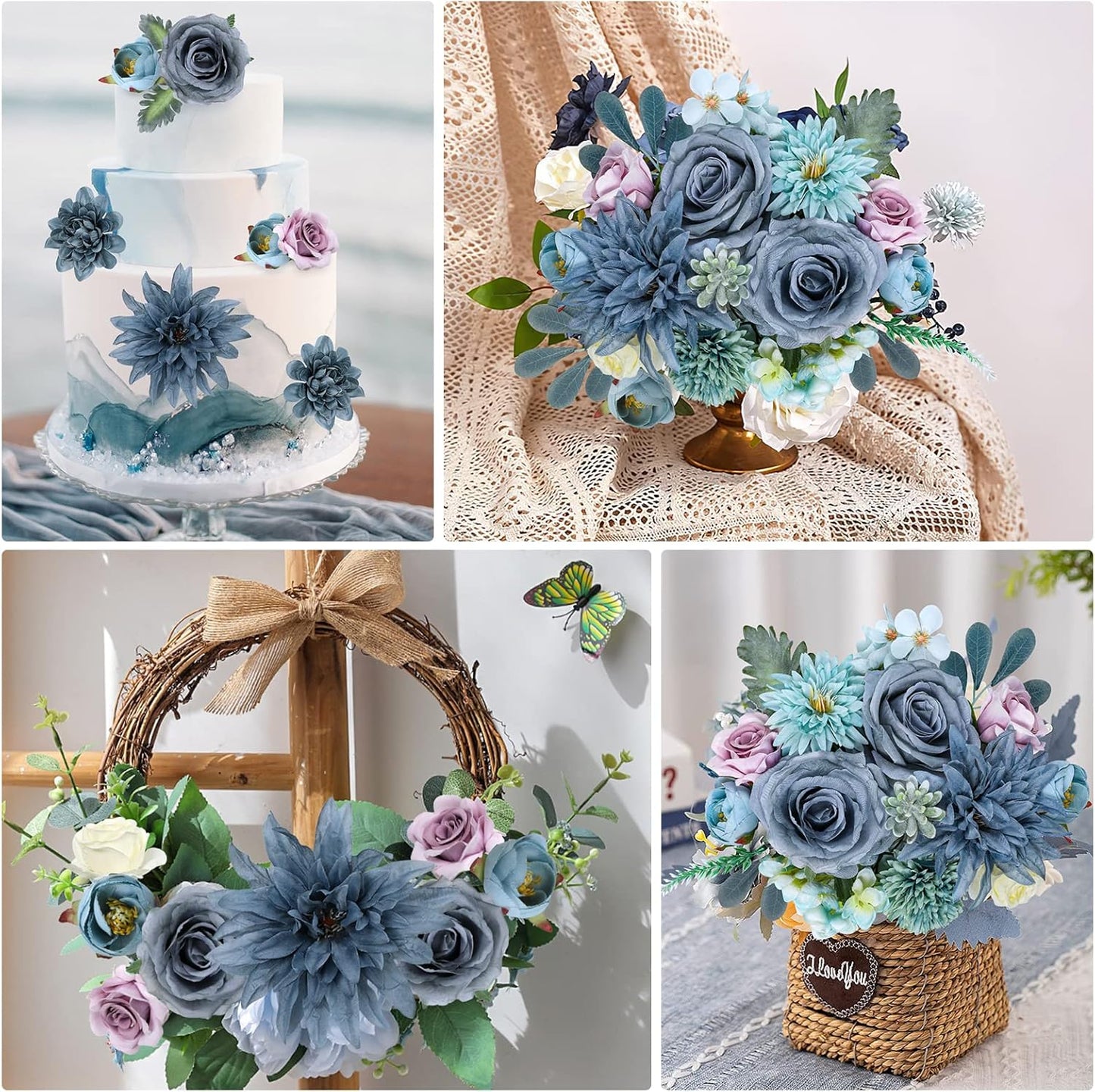 AmyHomie Blue Artificial Flowers Combo Silk Mix Peony Rose Hydrangea Fake Flowers w/Stem for DIY Wedding Bouquets Centerpieces Arrangements Table Decor Party Bridal Baby Shower Home Decorations
