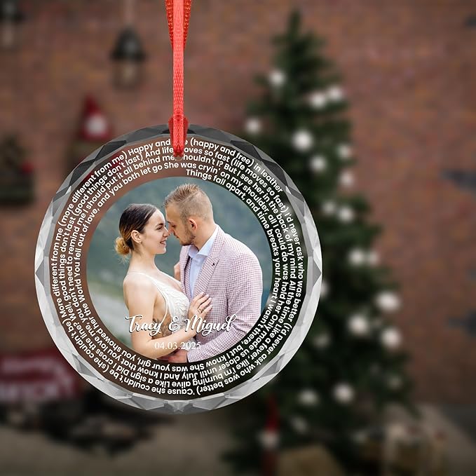 Love Letter Circle Ornament – Custom Photo, Names & Date – Personalized Acrylic/Glass Ornament with Poem or Lyrics – Couple Gift