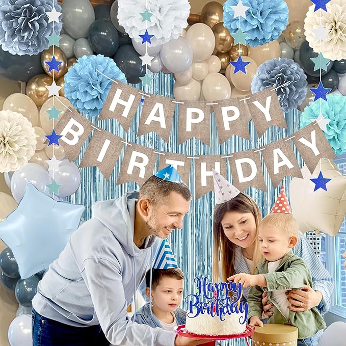 Light-Blue Birthday Decoration, Dusty Blue Sand White Confetti Foil Balloons Set With Happy Birthday Banner Fringe Curtains, Pom Poms, Blue Party Décor for Boys Girls Women Men