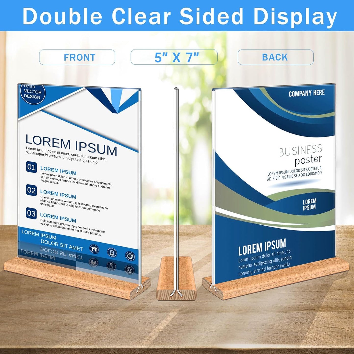 Kersally Acrylic Sign Holder 5 x 7, 4 Pack Double-Sided Clear Table Display Stands with Wood Base,Vertical Acrylic Frame Menu Flyer Paper Holder for Stores, Restaurants, Hotels, Office, Show Fair