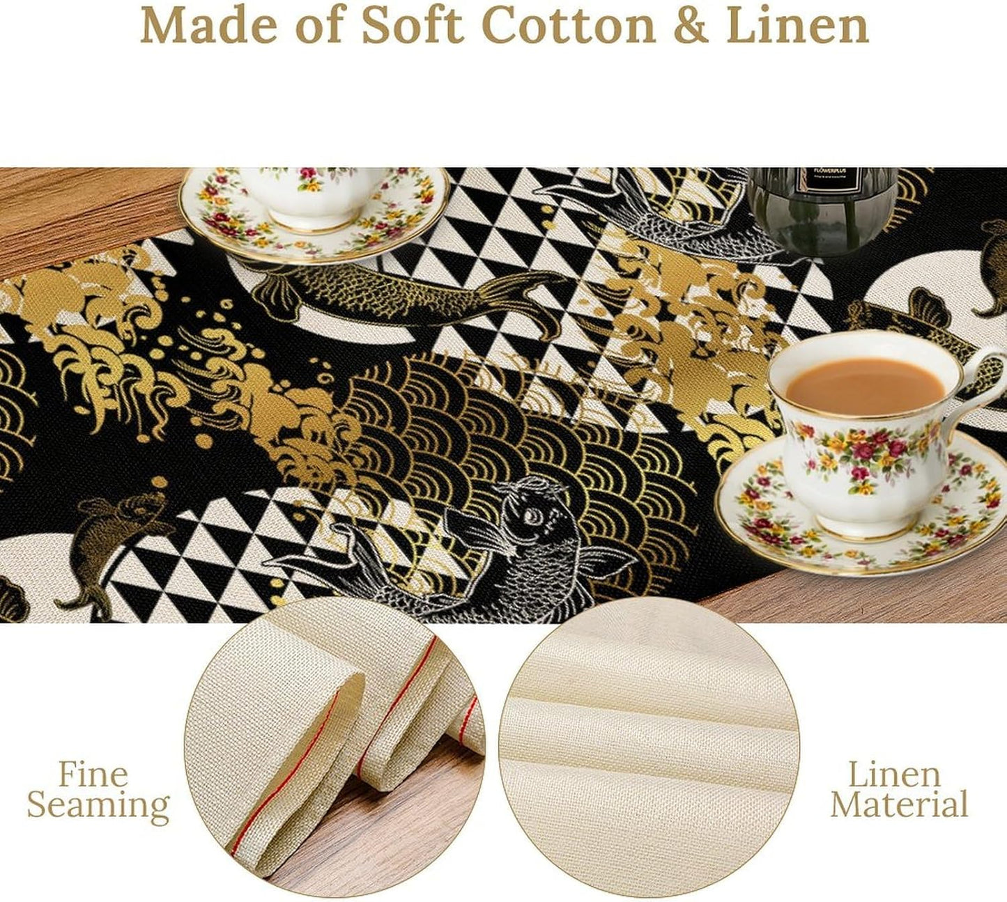 Japanese Table Runner Oriental Tradition Kio Fish Gold Art Printed Burlap Runner Home Kitchen Dining Table Living Room Decor Fabric 1 Panel W13xL108in