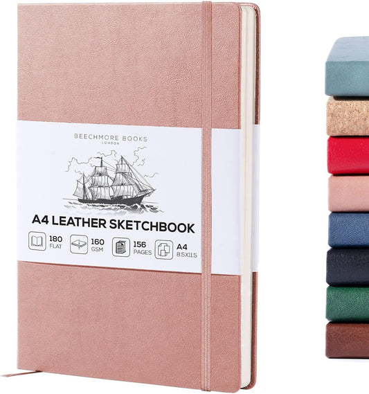 Beechmore Books A4 Sketchbook – 8.5x11 Premium Vegan Leather Bound Large Sketch Book Hardcover with 156 Thick 160gsm Perforated Ivory Pages, Blank Sketch Pad, Gift Boxed, Back Pocket, Ribbon Bookmark