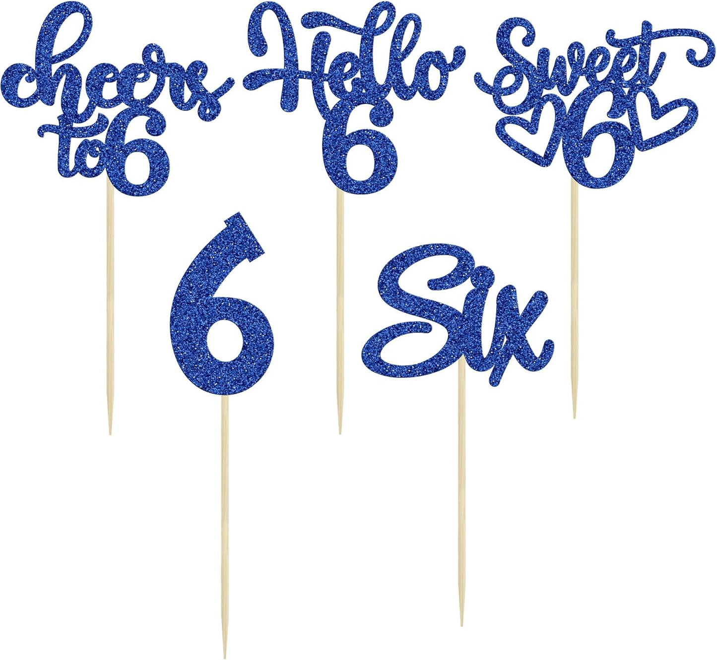 30Pcs 6th Birthday Cupcake Toppers Glitter Six Hello 6 Cupcake Picks Cheers to 6 Years Old Cake Decorations for 6th Birthday Party Supplies Deep Blue