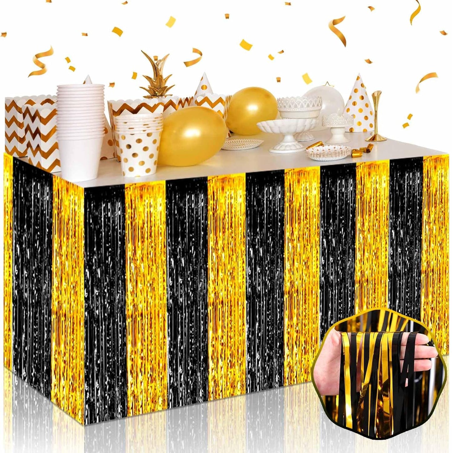 3 Pack 29 x108 Inch Black Gold Foil Fringe Table Skirts Metallic Banner for Tinsel Streamer Garland Backdrop for Parade Floats Wedding Thanksgiving Birthday Christmas New Year Party Decoration