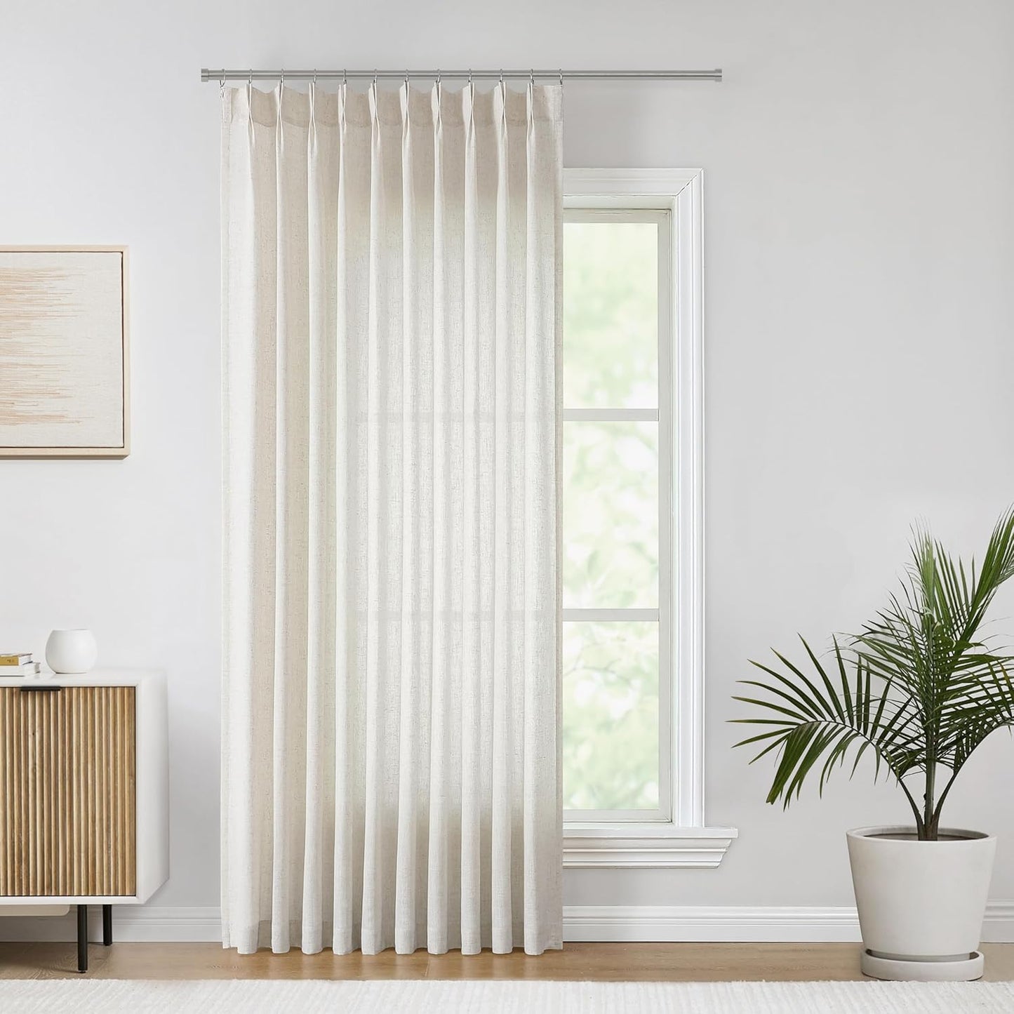 Vision Home Natural Pinch Pleated Semi Sheer Curtains Textured Linen Blended Light Filtering Window Curtains 102 inch for Living Room Bedroom Patio Pinch Pleat Drapes with Hooks 1 Panel 60" Wx102 L