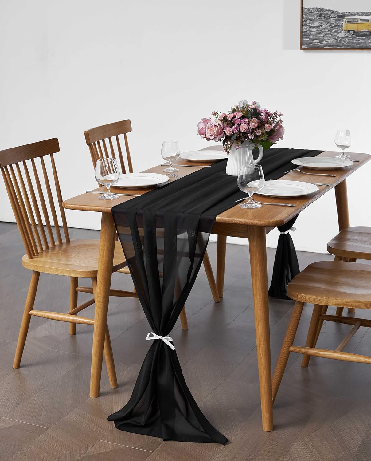 5 Pack 10Ft Black Chiffon Table Runner Sheer 29x120 Inch for Romantic Wedding Decor Bridal & Baby Shower Birthday Rustic Party Decoration