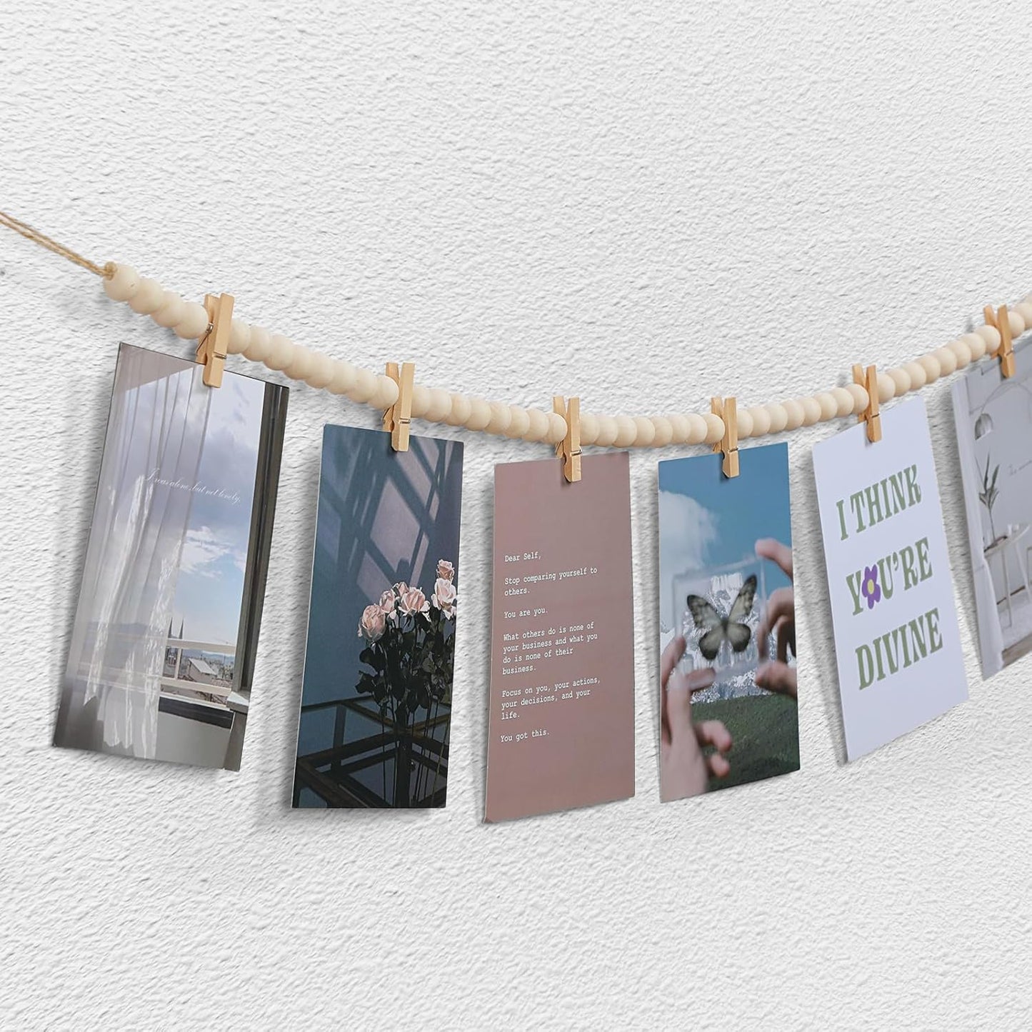 Hanging Photo Display with Clips, Boho Wooden Bead Garland Collage Picture Frame Wall Decor, Photo String with 10 Clips for Bedroom Room Dorm Cubicle Decor, Christmas Teen Girls Gifts