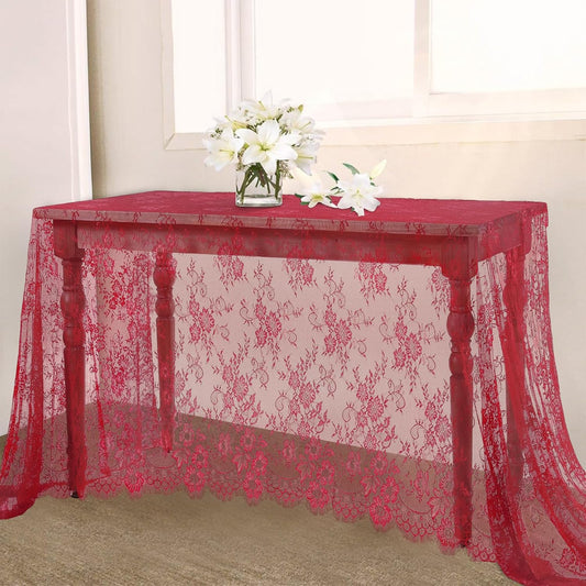 LuoluoHouse Red Tablecloth Christmas Lace Table Fabric 2pcs 60x120 Inch for Birthday Rustic Wedding Bridal Shower Party Decoration Rectangle Overlay Vintage Embroidered Reception Table Cloth Decor