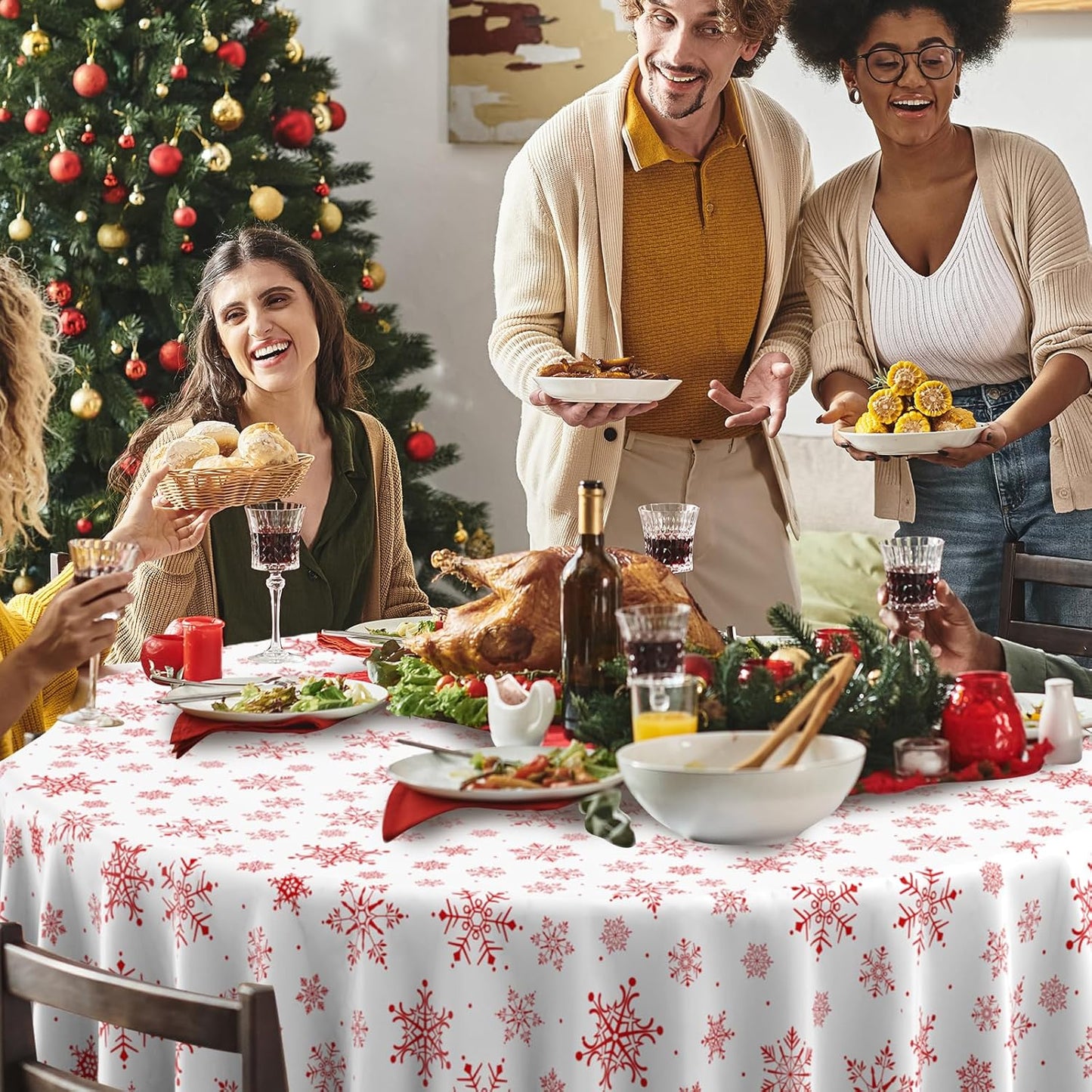 Jectivs 12 Pieces Christmas Snowflake Plastic Party Tablecloth Decorations,84 inch Disposable White Red Round Snowflake Xmas Table Cover Backdrop for Winter Christmas Holiday New Year Party Supplies