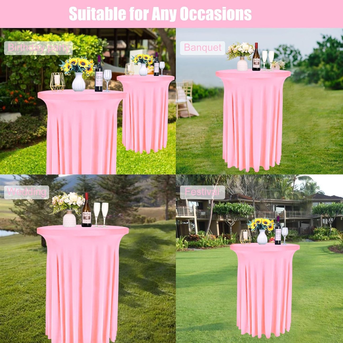 6 Pack Round Cocktail Tablecloth 32"x 43" Spandex Cocktail Table Skirt, Washable Stretch Fitted Table Covers for High Top Bar, Wedding, Party, Events (Pink)