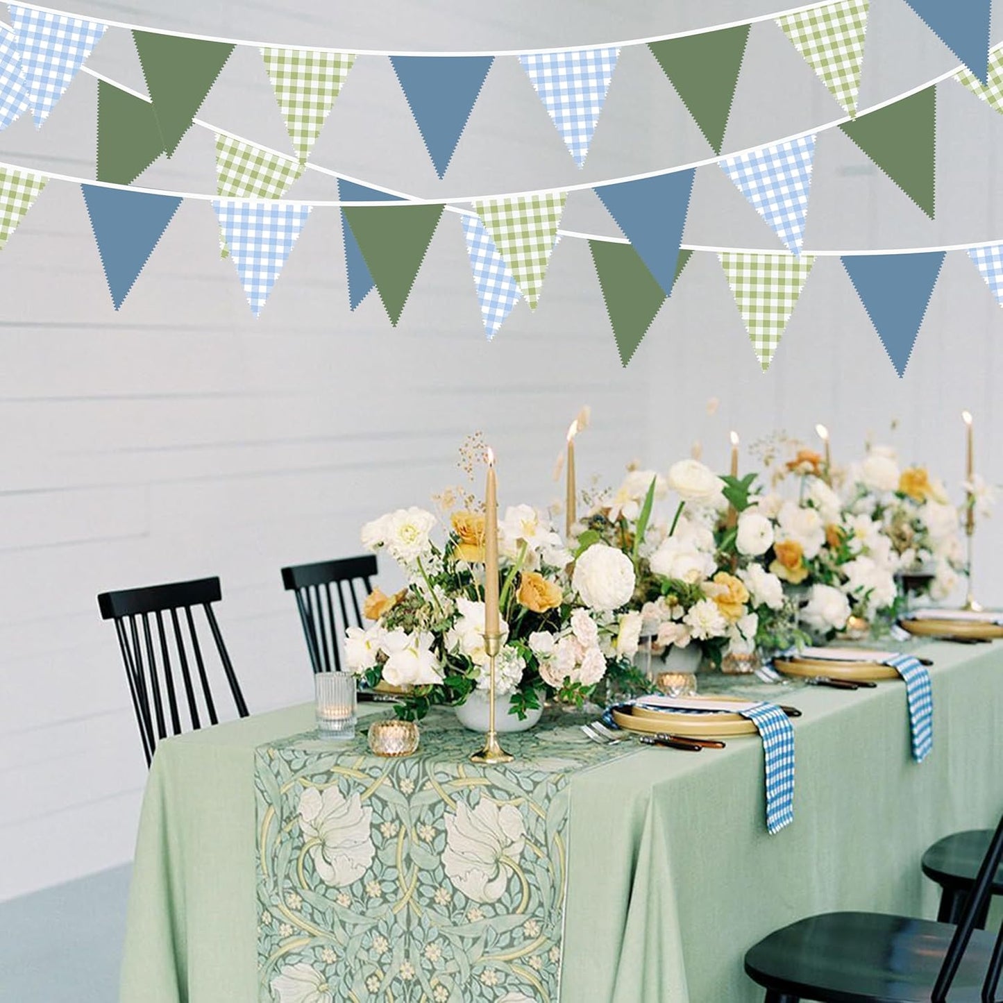 32Ft Blue Green Party Decorations Dusty Blue Sage Green Gingham Fabric Triangle Banner Flag Plaid Pennant Garland Streamers for Hole in One Birthday Baby Shower Masters Golf Graduation Decor Supplies