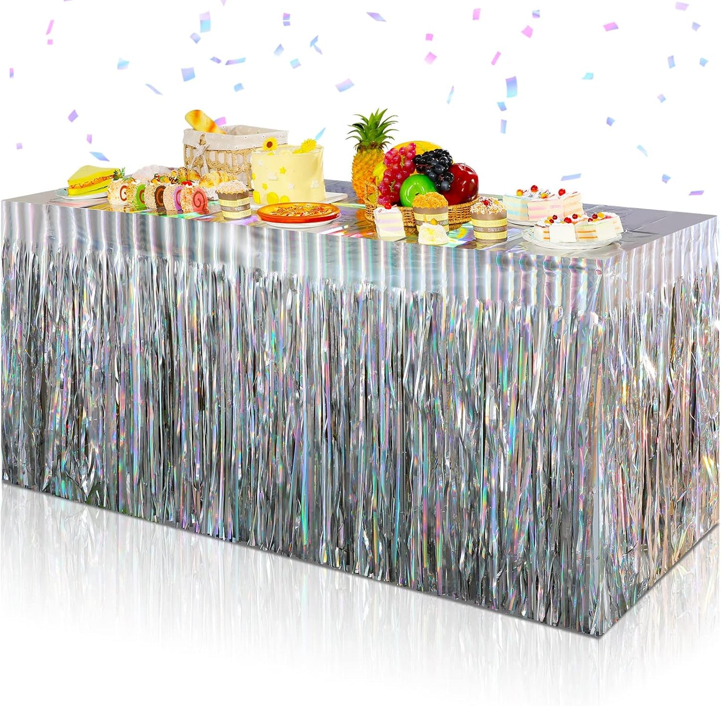 2 Pack Iridescent Table Skirt, Metallic Foil Fringe Tinsel Table Skirts for Rectangle Tables, Disposable Laser Rainbow Table Skirt Iridescent Party Decorations for Birthday Wedding Holiday, 29x108Inch