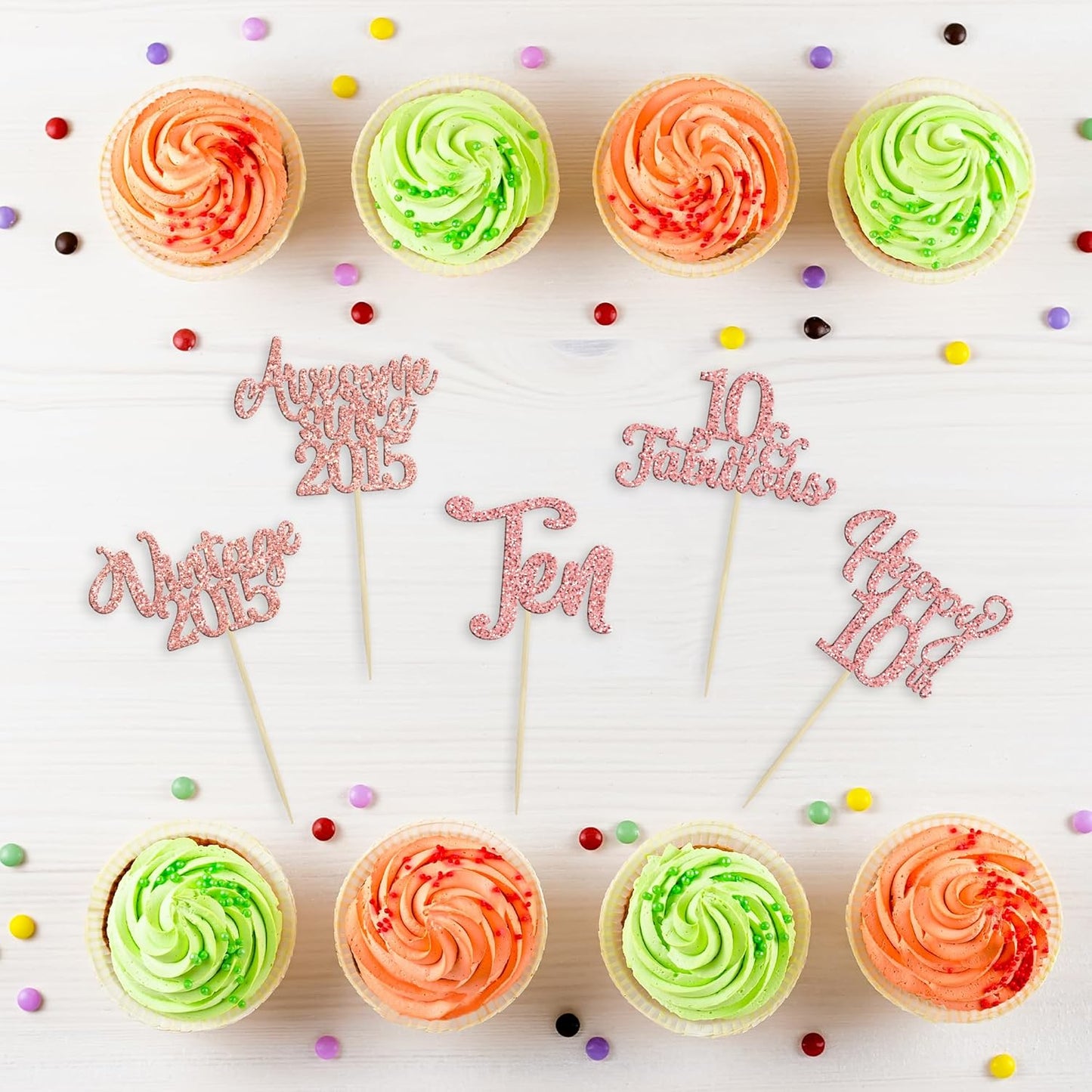 30Pcs Vintage 2015 Cupcake Toppers Glitter Ten 10 Fabulous Happy 10th Birthday Cupcake Picks Cheers to 10 Years for 10th Birthday Anniversary Party Cake Decorations Supplies Rose Gold
