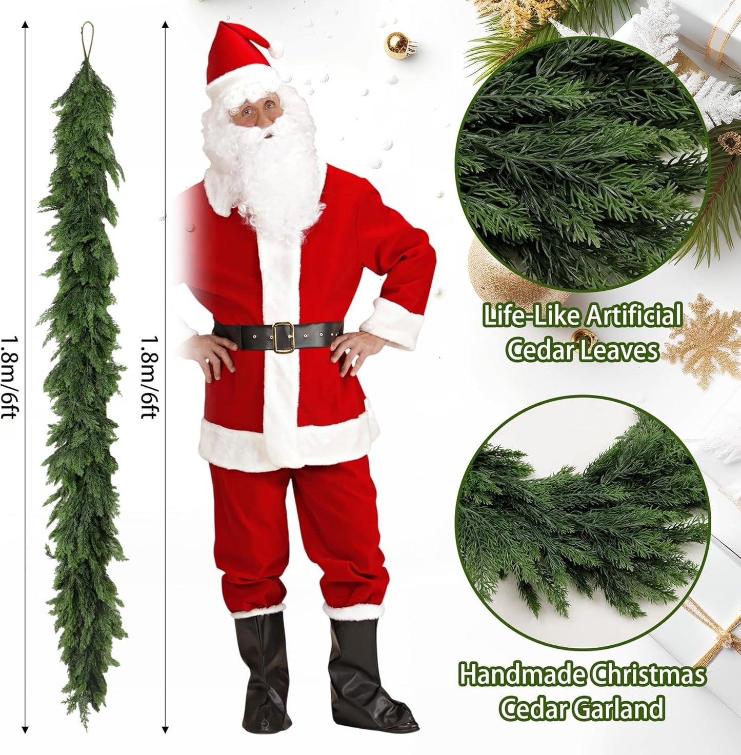 6FT Artificial Christmas Cedar Garland, Realistic Greenery Garlands Soft and Thick Cedar Pine Garland for Mantle Table Fireplace Door Stairs Holiday Christmas Decoration Outdoor Indoor(1pcs)