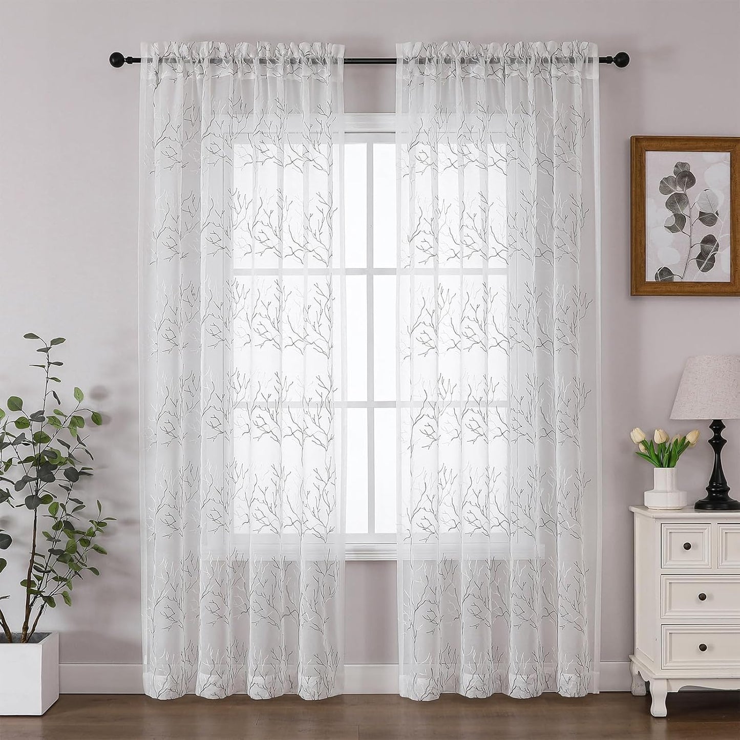 VISIONTEX Sheer Curtains 95 inch Length 2 Panels Set, Decorative Grey Coral Embroidery, Rod Pocket Embroidered Window Drapes for Living Room and Bedroom, 54" x 95"