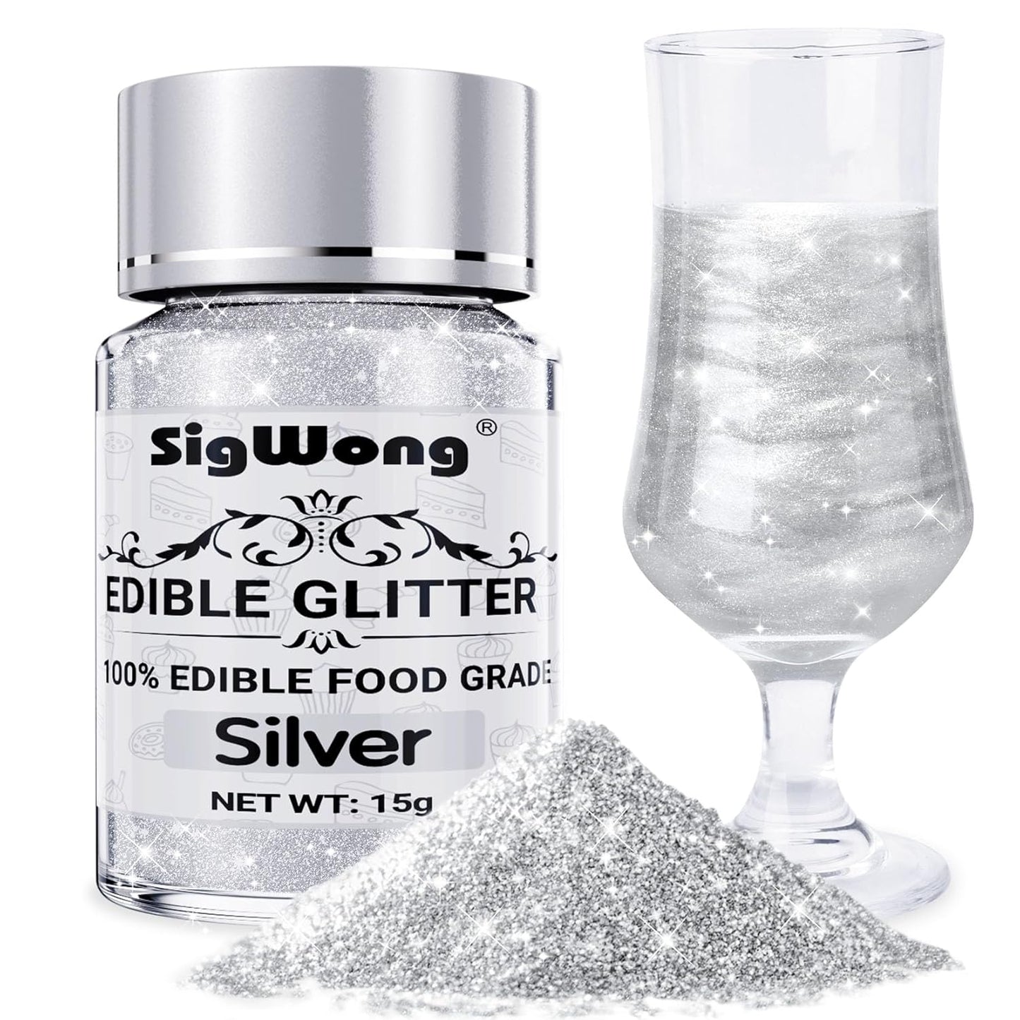 Silver Edible Glitter - 15g Food Grade Luster Dust Powder, Cake Decorating Sprinkle Glimmery Dust for Drinks, Wine, Fondant, Chocolate, Candy, Cookie, Vegan