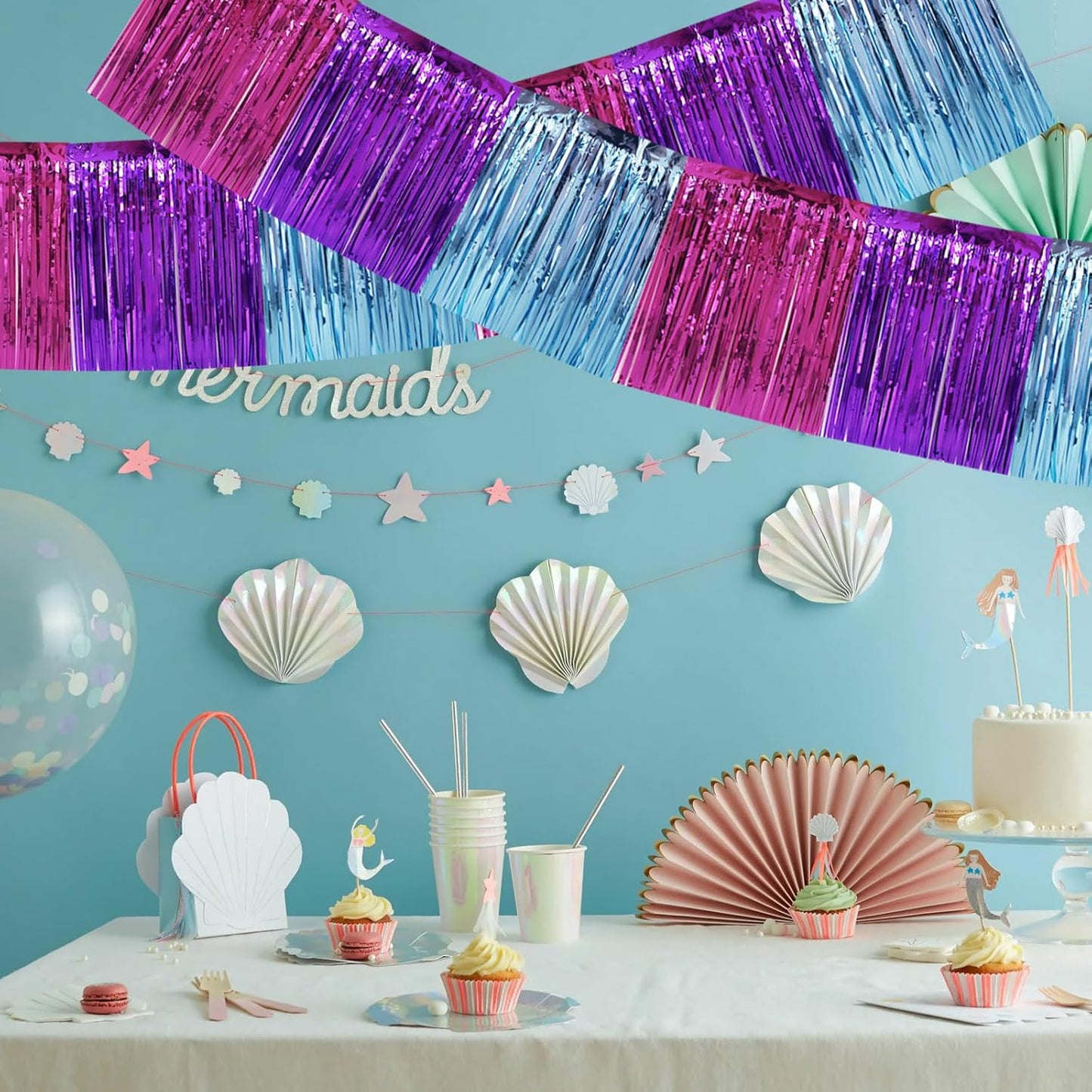 BEISHIDA 3 Packs Metallic Foil Fringe Garland Blue Purple Pink Wall Hanging Tinsel Fringe Banners for Car Floats Bridal Shower Wedding Birthday Easter Graduation Holiday Party Decoration(30 Feet)