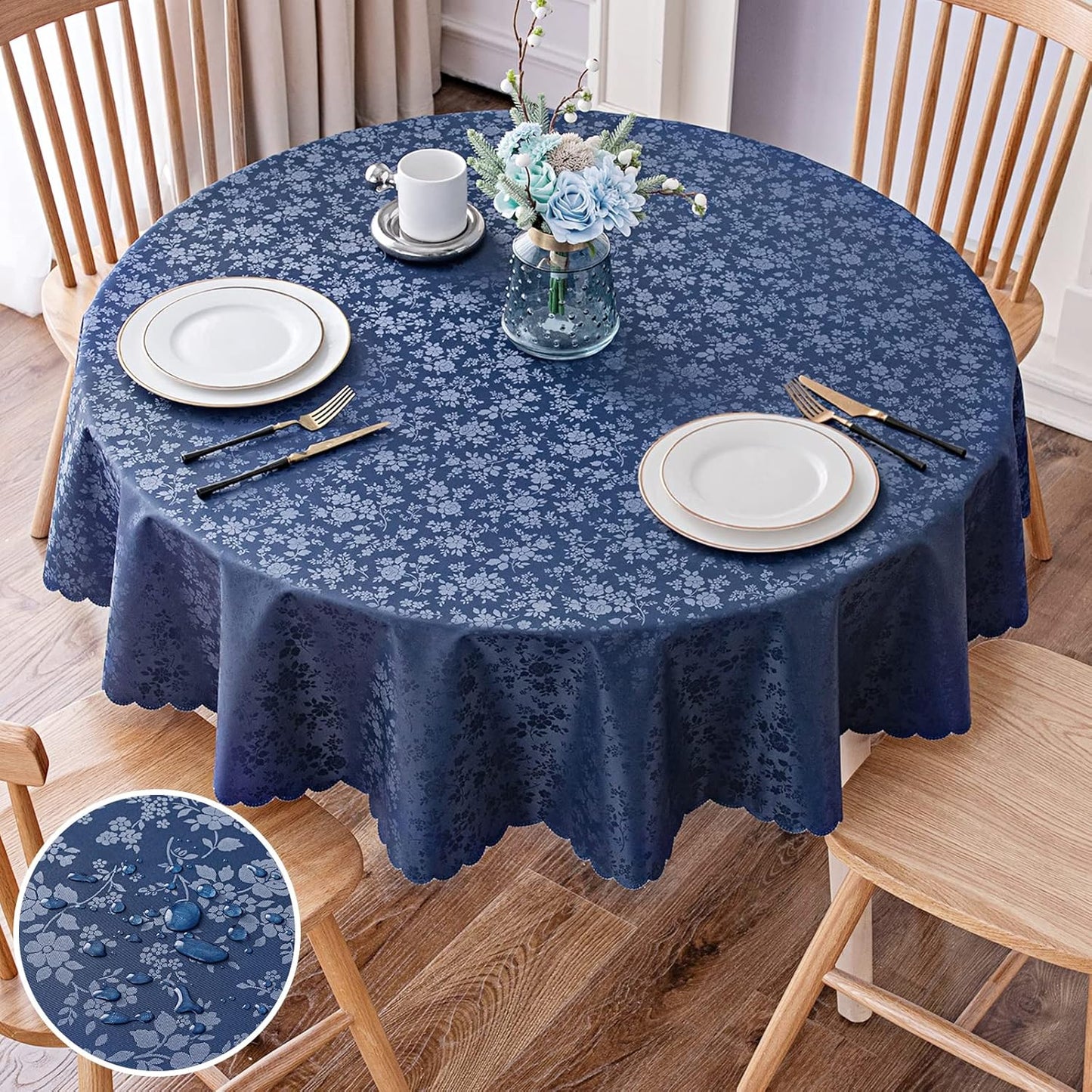 Smiry Round Table Cloth, Waterproof Heavy Duty Vinyl Tablecloths, Wipeable Washable Table Cover for Kitchen and Dining Room (Navy Blue, 60" Round)