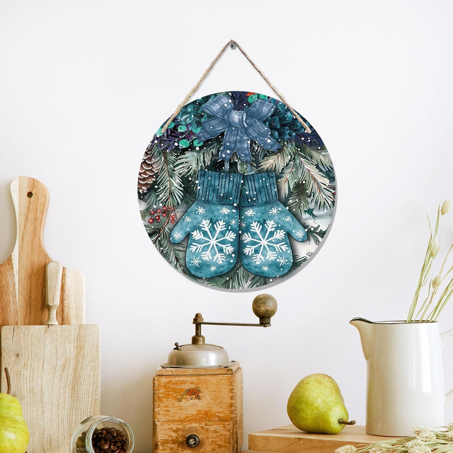 Navy Blue Winter Christmas Wooden Sign, Winter Snowflake Gloves Blue Plaid Bow Decoration Hanging Sign Wall Decor, Farmhouse Seasonal Holidays Wooden Signs for Home Door Decor 12 x 12 Inch