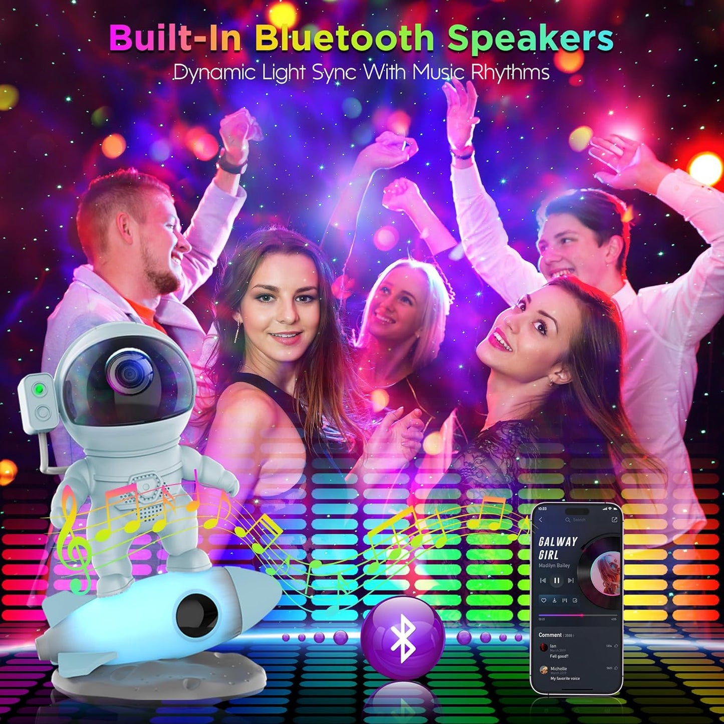 Astronaut Galaxy Projector for Bedroom, Star Projector Galaxy Light with App & Remote Control, White Noises, Bluetooth Speaker, Rocket Night Light for Kids, Ceiling, Gifts, Room Decor