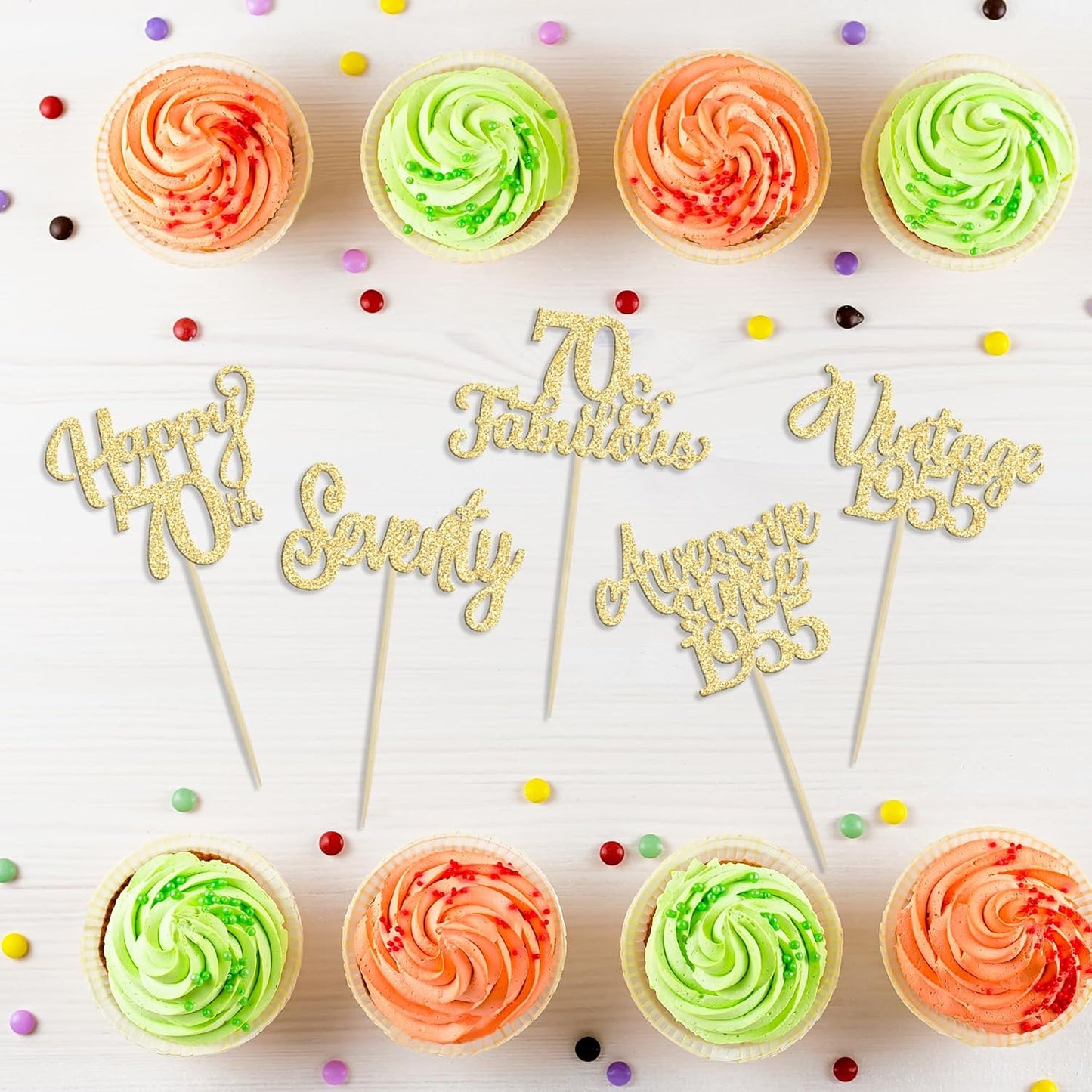 30Pcs Vintage 1955 Cupcake Toppers Glitter Seventy Happy 70th Birthday 70 Fabulous Cupcake Picks Cheers to 70 Years for 70th Birthday Wedding Anniversary Party Cake Decorations Supplies Gold
