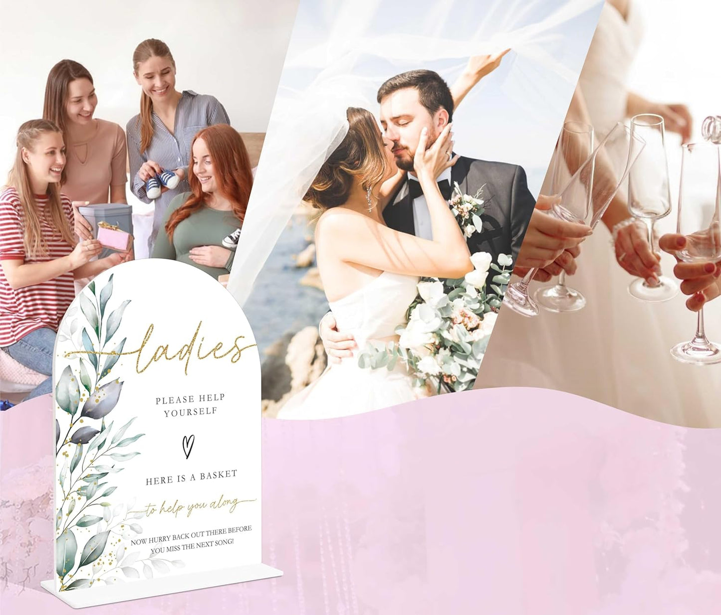 Acrylic Wedding Signs, Greenery Theme Ladies Please Help Yourself Sign, Bridal Shower Table Decor with Stand, Wedding Bathroom Basket Supplies for Engagement, Anniversary, Newlywed Event and Party, 07