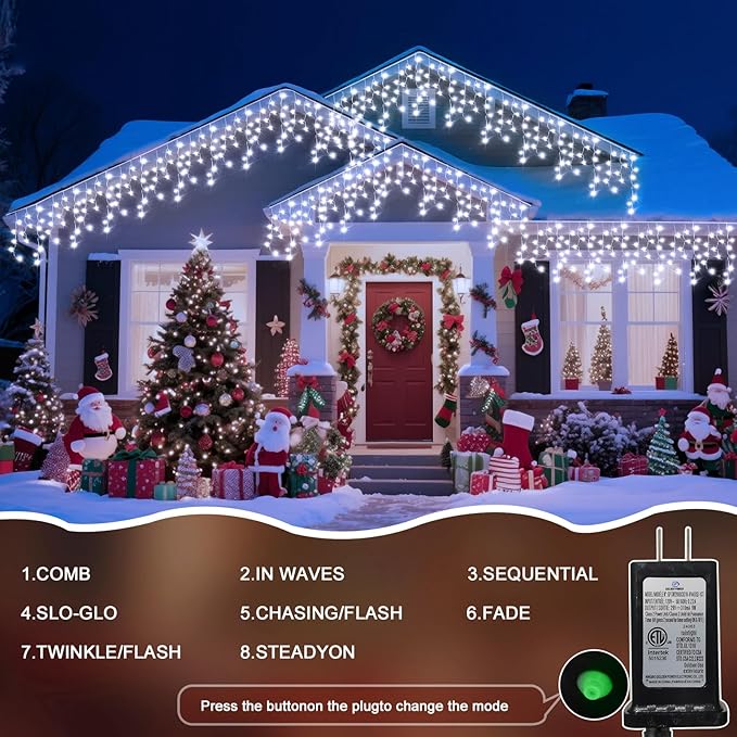 66 Ft Ice Lights for Outside, 640 LED Christmas Lights Outdoor Plug in, Christmas String Lights with 8 Modes & Timer for Holiday, Party, Wedding, House, Patio, Outdoor Decor(Cool White)