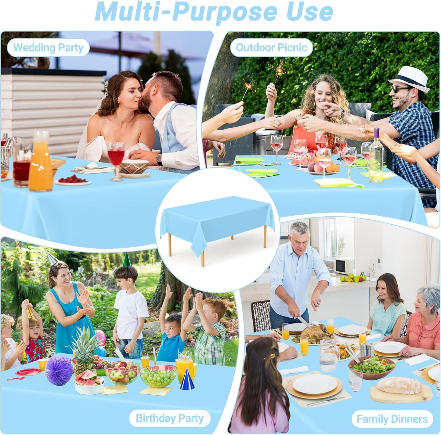 QZYL 12 PCS SkyBlue Plastic Tablecloths, 54 in x 108 in Dinner Table Cloths, Rectangle Table Cover for Birthday Party Family Gathering Wedding