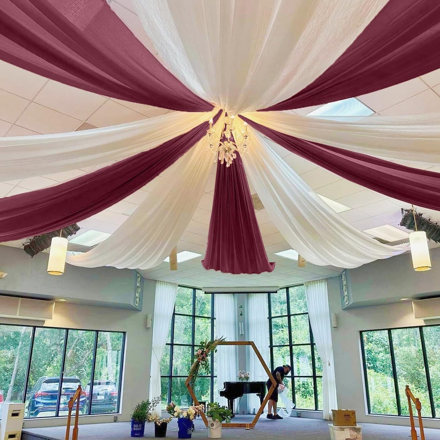 MODFUNS Burgundy Ceiling Drapes for Weddings 5FTx20FT 2 Panels Sheer Wedding Arch Draping Chiffon Fabric Ceiling Drapery Arbor Archway Drapes Tulle Curtains for Ceremony Swag Wedding Decorations