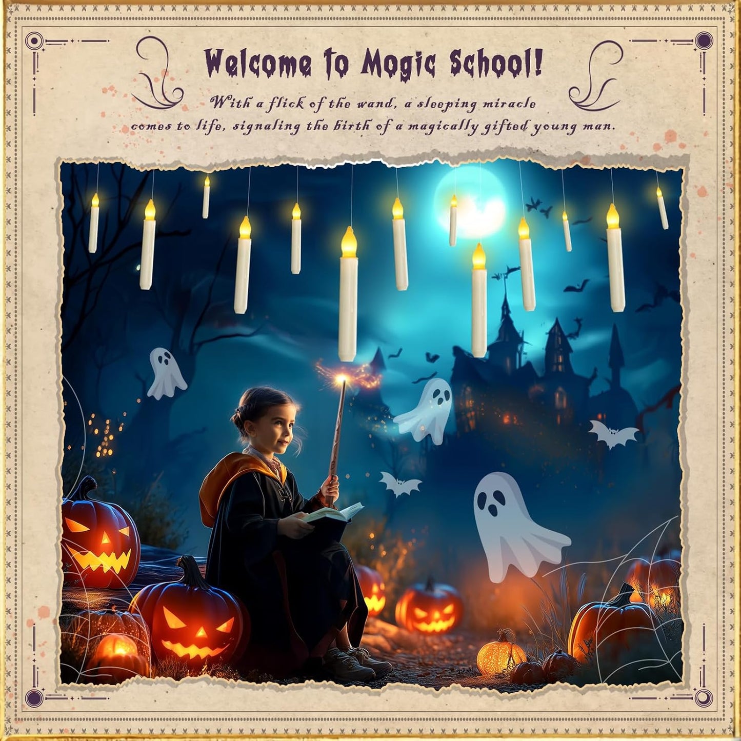 Homemory Floating Candle with Wand Remote, 12 Pcs Magical Candlesticks Witch Decors, Warm Yellow Flameless Taper Candles Battery Operated, LED Window Candle for Halloween Party Decor