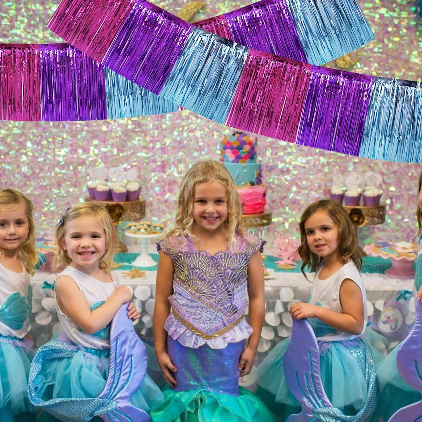 BEISHIDA 3 Packs Metallic Foil Fringe Garland Blue Purple Pink Wall Hanging Tinsel Fringe Banners for Car Floats Bridal Shower Wedding Birthday Easter Graduation Holiday Party Decoration(30 Feet)