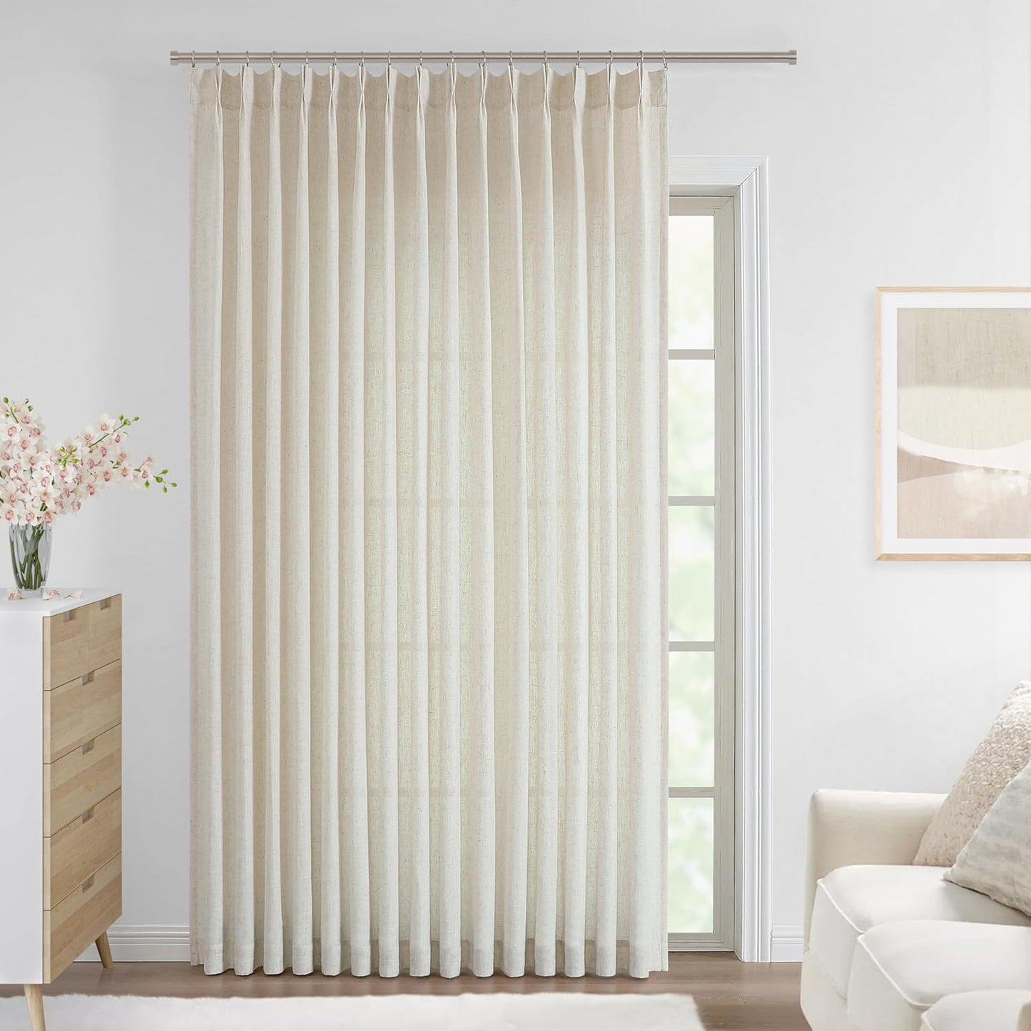 Vision Home Natural Pinch Pleated Semi Sheer Curtains Textured Linen Blended Light Filtering Window Curtains 120 inch for Living Room Bedroom Patio Pinch Pleat Drapes with Hooks 1 Panel 84" Wx120 L