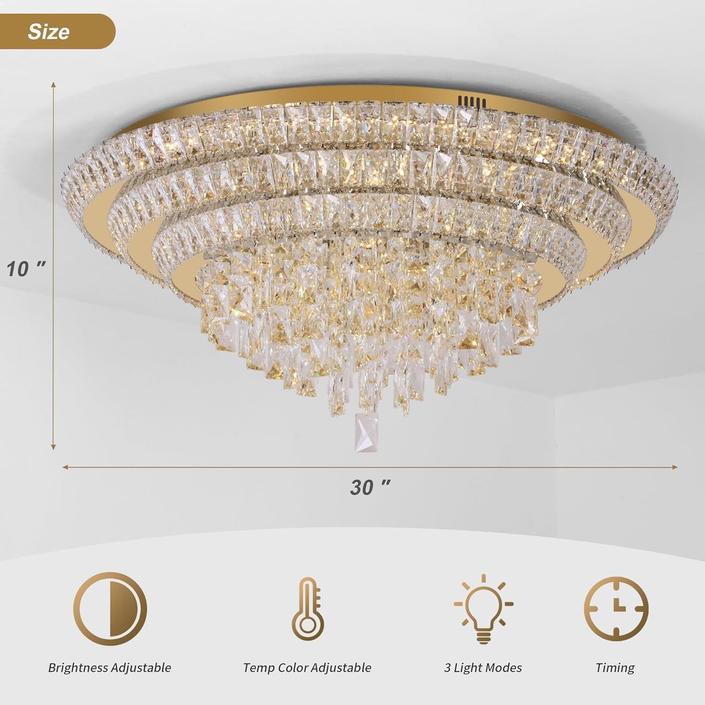 30 inch Crystal Gold Ceiling-Light Flush Mount with Remote Control and APP, 3CCT Dimmable & Brightness Adjustable, Modern Crystal Raindrop Chandeliers for Bedroom Hallway Dinning Room Living Room