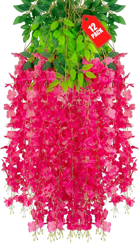 12 Pack Fuchsia Wisteria Hanging Flowers, 3.44 Ft Fake Hanging Flowers, Artificial Wisteria Garland Vines for Wedding Room Backdrop Outdoor Patio Garden Decoration