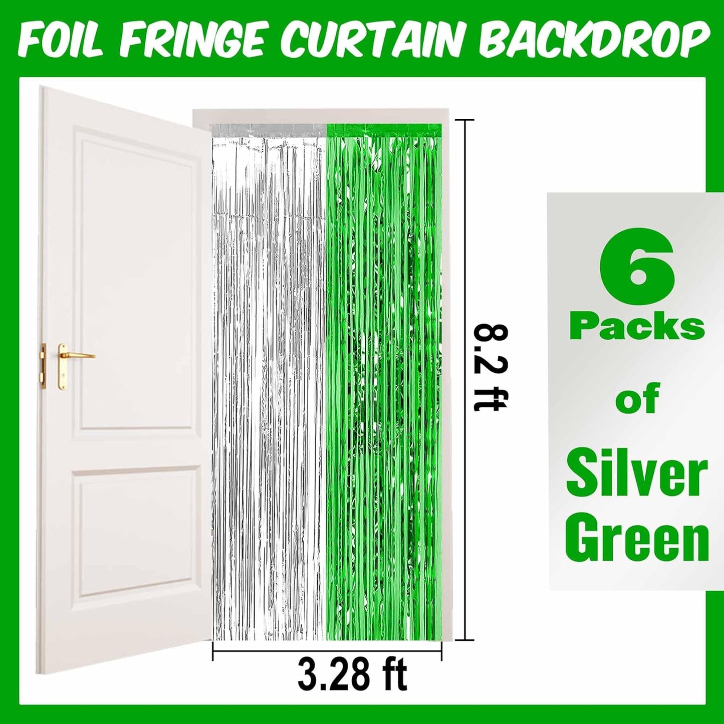 6 Pack Silver Green Foil Fringe Curtains Backdrop, 3.28 x 8.2 Ft Metallic Streamers Tinsel Curtains Background for Photo Booth, Birthday, Weddings, Carnivals, Graduation, Themed Party Decorations