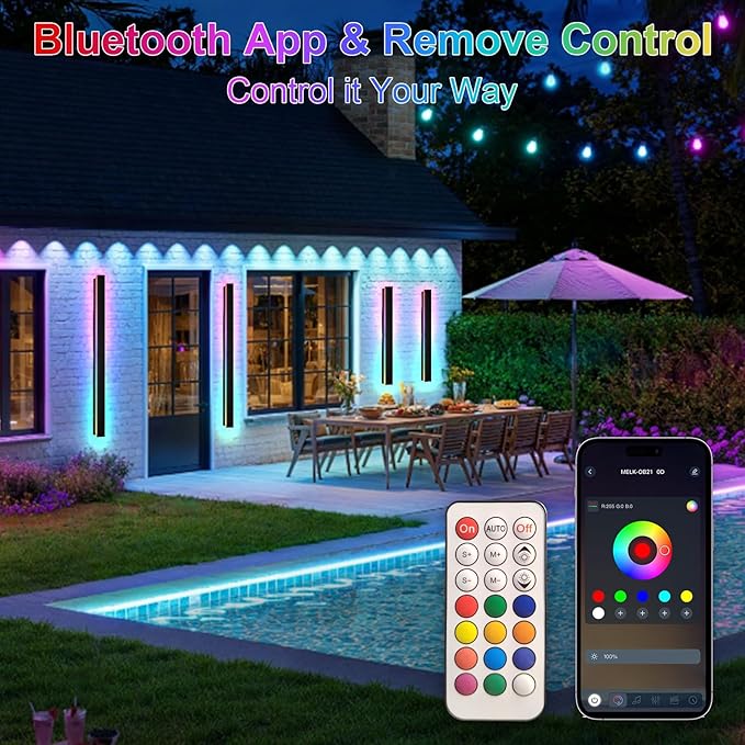 47 in Modern Outdoor Wall Light, Waterproof Long Wall Sconce Musical Rhythm, LED RGB/White/Dimmable, Exterior Wall Light with Remote App for Party Gathering Outside Decor