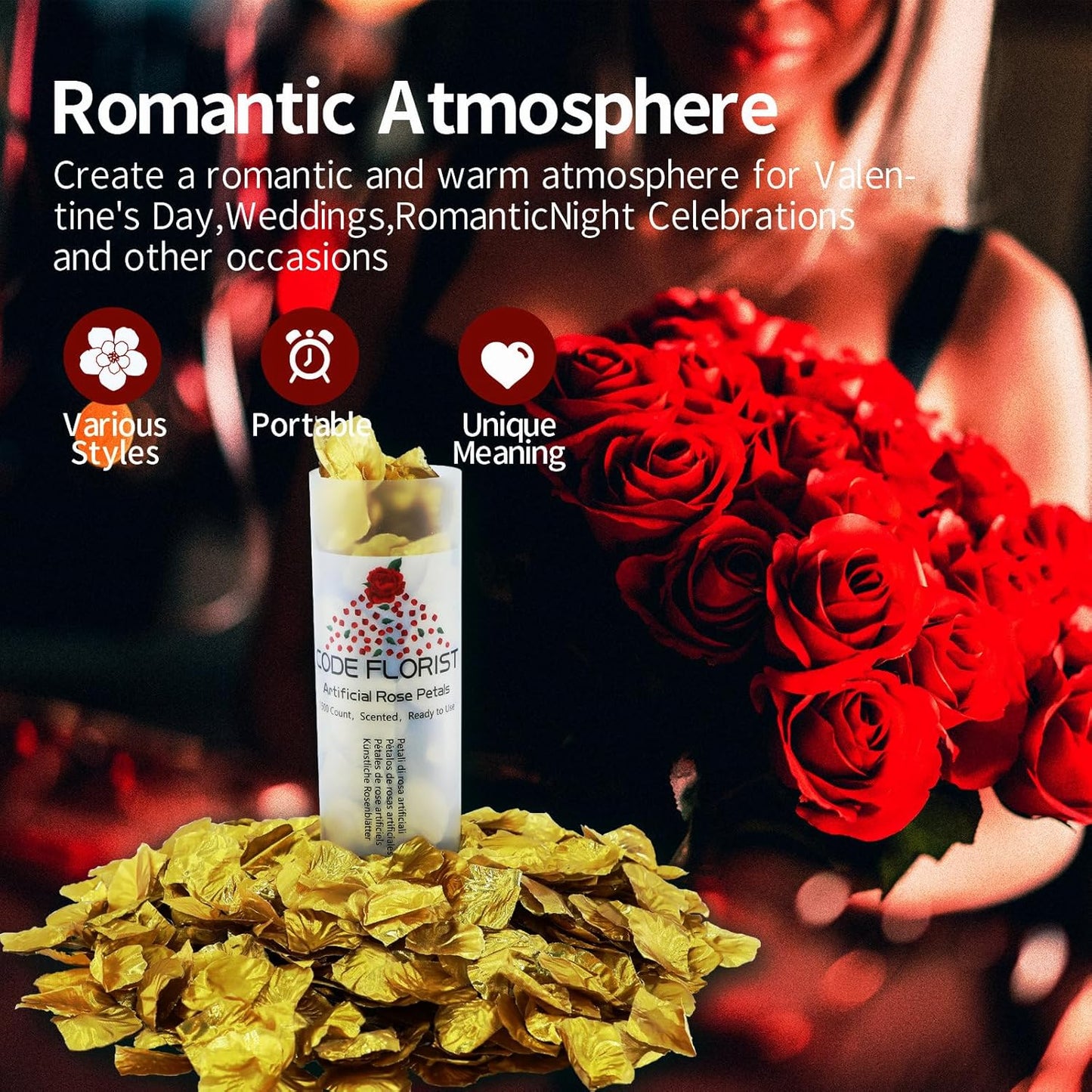 CODE FLORIST 1500 PCS Silk Rose Petals for Valentine's Day,Fake Rose Petals for Romantic Night,Wedding,Proposal Anniversary Flower Decorations(Separated,Scented,Gold)