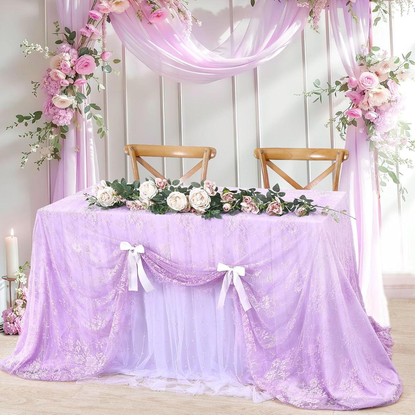 LuoluoHouse Sheer Lace Tablecloth Floral 6pcs Table Fabric 60x120 Inch for Rustic Party Wedding Decoration Rectangle Overlay Long Embroidered Reception Table Cloth Decor