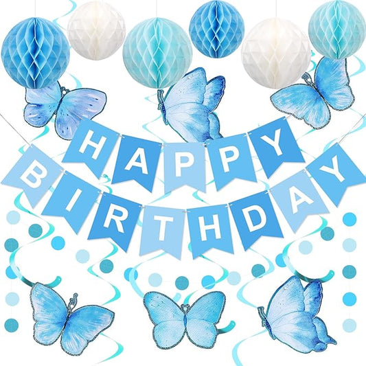 meowtastic Birthday Decorations, Happy Birthday Banner with Honeycomb Balls, Butterfly Hanging Swirl Streamers, Circle Dots Garland, Happy Birthday Party Decorations for Women Men Boys Girls (Blue)