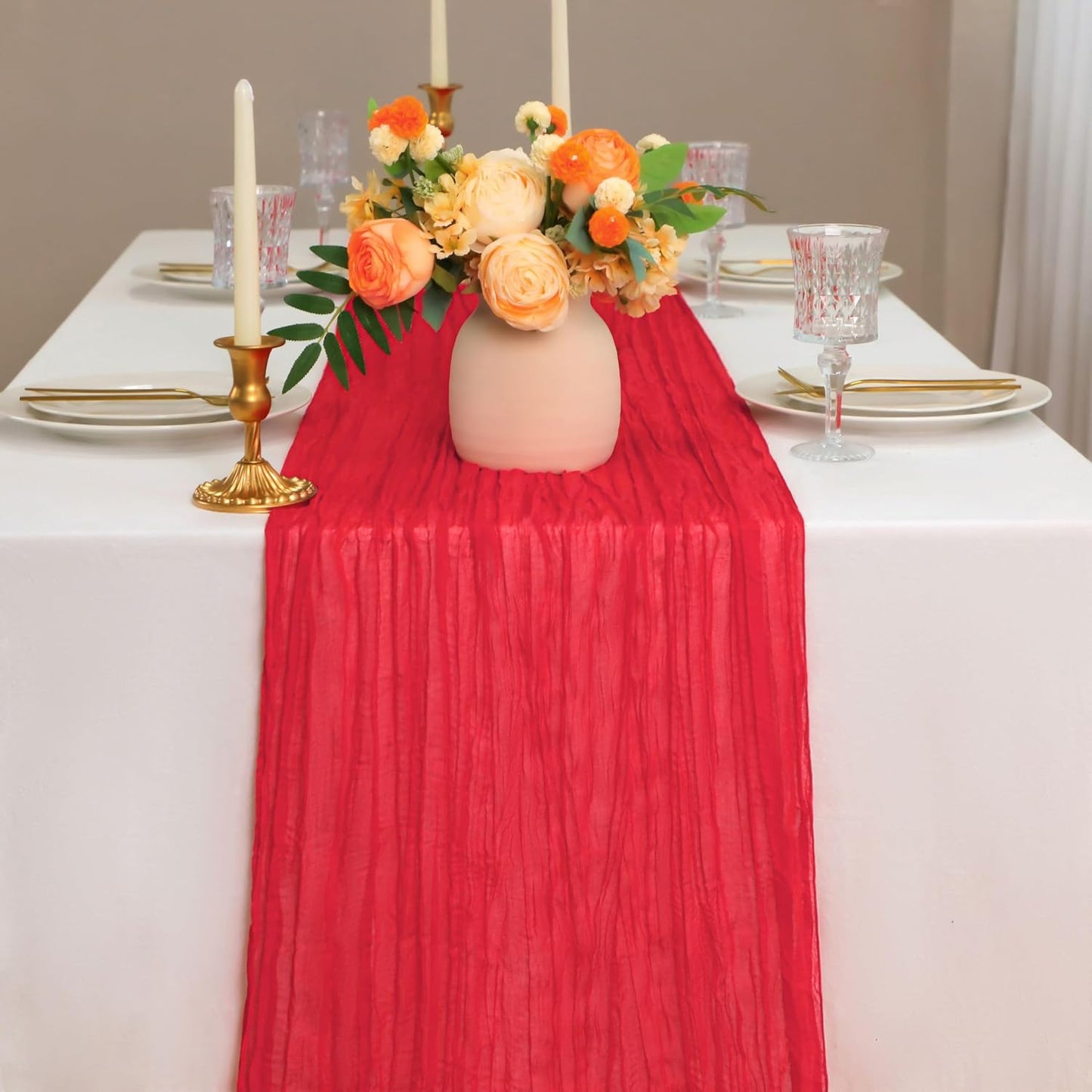 Snowkingdom 6 PCS Red Cheesecloth Table Runner 10 Ft, 120 inch Long Cheese Cloth Gauze Runners for Christmas Valentine Wedding Bridal Baby Shower Birthday Holiday Party Table Decorations