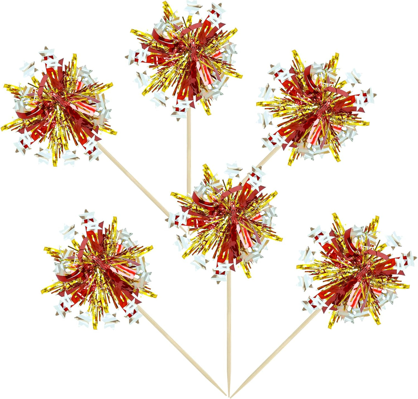 Ephlyn 30Pcs Foil Firework Cupcake Toppers Sparkle Tinsel Cupcake Picks Happy Birthday Cake Decorations Drink Stirrers Cocktail Food Fruit Toothpicks for Baby Shower Graduation Party Supplies Gold Red