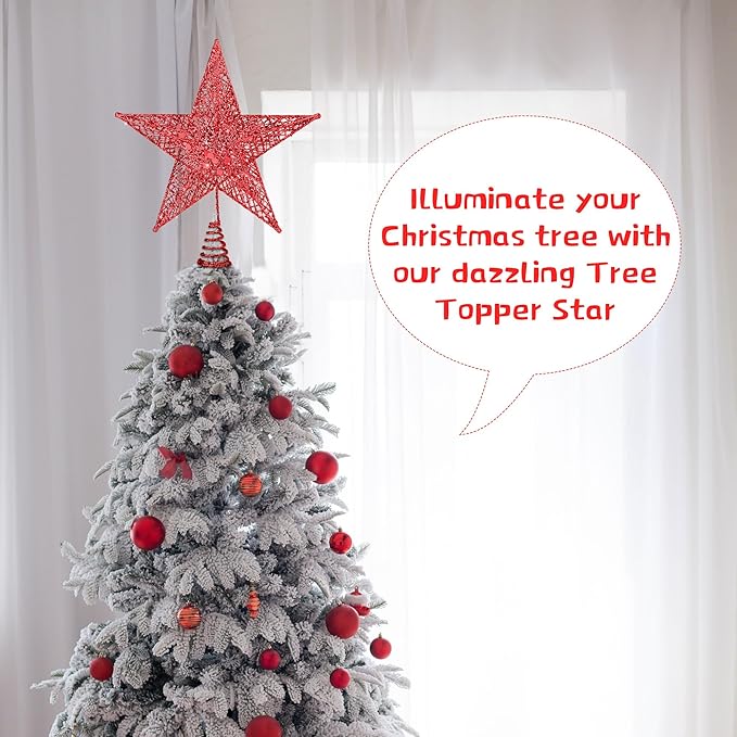 Fovths Christmas Tree Topper 8 Inches Metal Glittered Christmas Tree Topper Wire Star Treetop Sparkle Xmas Decoration for Christmas Tree Ornament Indoor New Year Holiday Party Supplies (Red)