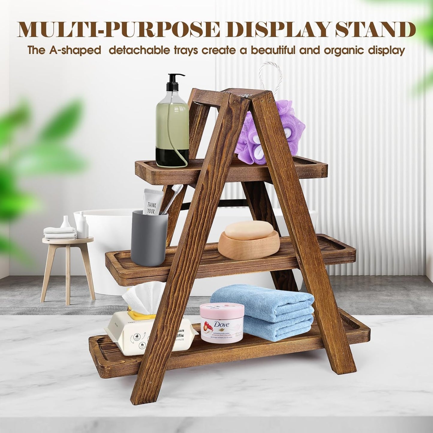 Wooden Cupcake Stand,3 Tier Cake Stands Party Food Display Serving Platter Tray Ladder Stand with Swing and Flower Decor,Rustic Dessert Table Display Set for Cake Fruit Donut Snack Cookie