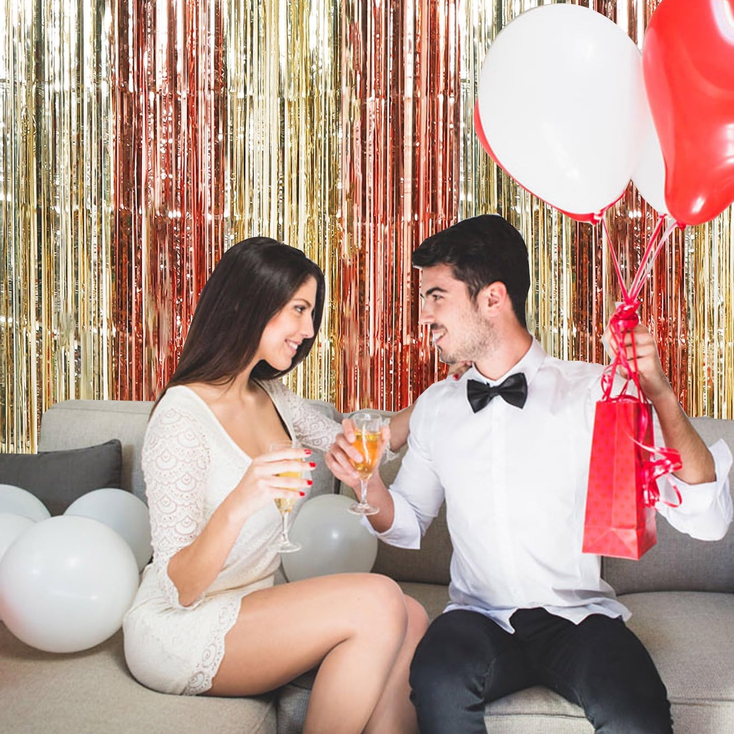 TONIFUL Valentine's Day Door Streamers,Rose Gold and Light Gold Photo Booth Backdrop Metallic Streamers Foil Fringe Curtain for Birthday Bridal Shower Engagement Party Decoration