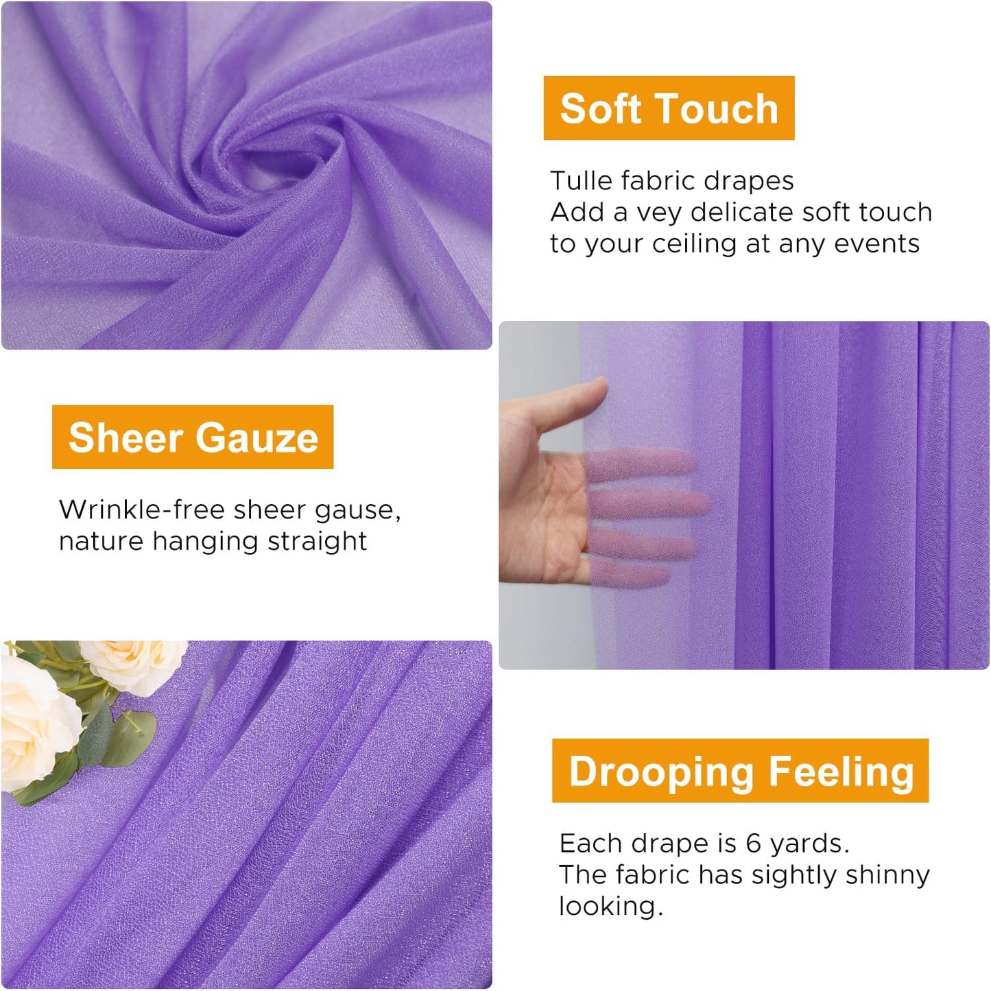 Wedding Arch Draping Fabric 6 Panels 28.7" x 20FT Lavender Purple Sheer Chiffon Backdrop Drapes for Wedding Ceremony Birthday Party Bridal Shower Outdoor Decoration