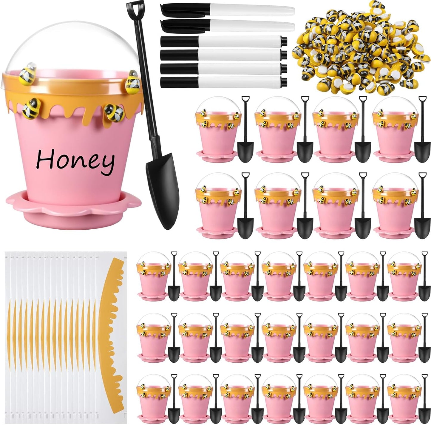 30 Sets Mini Honey Bee Pots with Lids, Spoon, Saucers and Bee Charms, 6.76 OZ Plastic Honey Jars for Cupcake Dessert Themed Party Favor Planter Baby Shower Birthday Wedding Decoration (Pink)